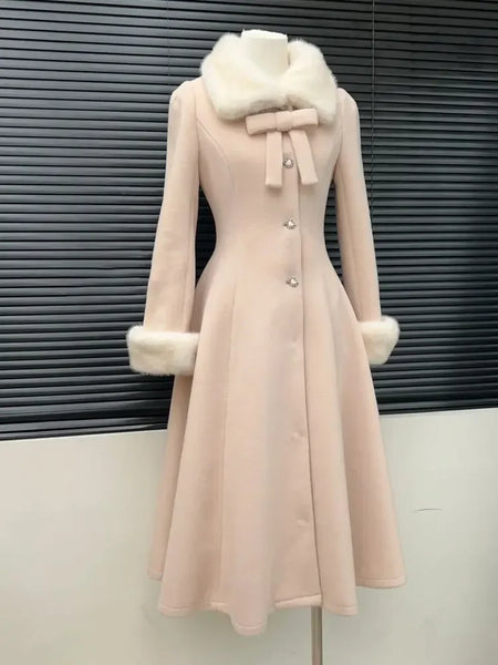 Winter Women's Woolen Coat Mid-length Slim Waist Japanese Kawaii Jackets Wool & Blends Vintage Subcultural Sweet Pink Outfits