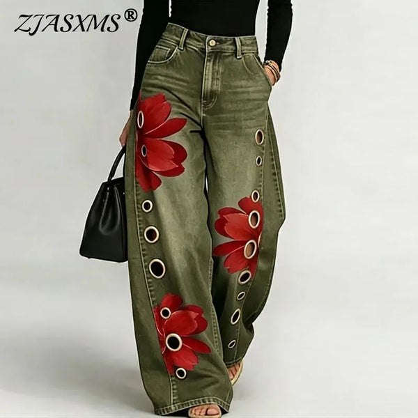 Women Faux Denim Wide Leg Pants High Waist Floral Print Eyelet Hole Decor Loose Baggy Trousers Vintage Street Long Pants
