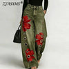 Women Faux Denim Wide Leg Pants High Waist Floral Print Eyelet Hole Decor Loose Baggy Trousers Vintage Street Long Pants