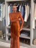 Women Lace Overlay Satin Maxi Skirt Long Sleeve Slim Fit Sheer Mermaid Hem Party Dress Formal Evening Date Activity Gown