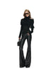 Spring Autumn Long Fitted Soft Black Pu Leather Flare Pants for Women Low Waist Sexy Designer Gyaru Clothes