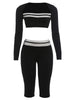 Contrast Patchwork 2 Piece Set Woman Autumn Low-Neck Full Sleeve Crop Tops+Skinny Peach Hip Long Pant Sexy Suit