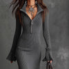European American Trumpet Dresses Women Solid Autumn Winter Zipper Lapel Flared Sleeve Knitted Fishtail Dress Slim Fit Vestidos