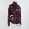 Lady Retro Burgundy Belted Leather Jacket Solid Stand Collar Long-sleeved Cropped Coat Women Daily Street Outerwear
