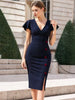 Women Deep V Neck Ruffle Vintage Sexy Cocktail Party Button Wrap Spilt Knee Length Sheath Bodycon Pencil Slim Dress