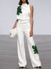 Women Floral Printed 2 Piece Sets High Neck One-shoulder Asymmetric Vest Tops & High Waisted Straight Leg Pants