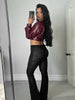 Faux Leather Single Button Crop Jacket Women Autumn Cross Neck Full Sleeve Wild Style Classic Streetwear Coat