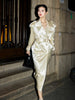 Spring Autumn Long Shiny Flowy Soft Satin Trench Coat for Women Belt Double Breasted Elegant Designer Closthes