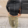 Printed Curved Wide Leg Denim Jeans High Waist Seam Detail Casual Women All-match Long Pants Autumn Chic Outfits