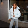 Chic Reflective Fabric Lace Up Hooded Cotton Jacket Women Stand Collar Full Sleeve Zipper Warm Overcoat Winter Lady Outwear