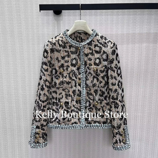 Vintage Wild Leopard Pattern Tweed Woven Jacket Women Fall Winter Edge Crochet O-neck Gold Buttons Long Sleeve Chic Coat