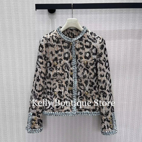 Vintage Wild Leopard Pattern Tweed Woven Jacket Women Fall Winter Edge Crochet O-neck Gold Buttons Long Sleeve Chic Coat