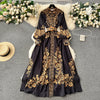 Elegant Blue And White Porcelain Flower Print Dresses Women Stand Collar Lantern Long Sleeve Belt Vintage Single Breasted Robe