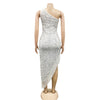 Women Tassel Side Sequins One Shoulder Skew Neck Bodycon Midi Maix Irregular High Low Long Dress Sexy Night Party