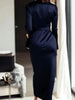 Satin Long Sleeve V Neck Wrap Tie Waist Elegant Midi Dress for Women Evening Party Cocktail