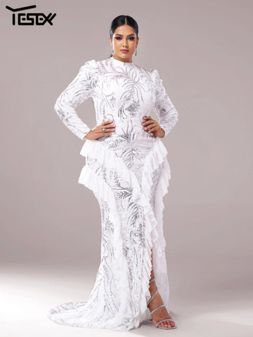 Plus Size Elegant Beautiful Women Round Neck Long Sleeved Split Evening Gown Wedding Birthday Party Formal Occasion Dress