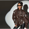 Solid PU Leather Jacket Women Turn-down Collar Zipper Front Puffy Sleeves Stylish Coat Spring Casual Lady Outerwear