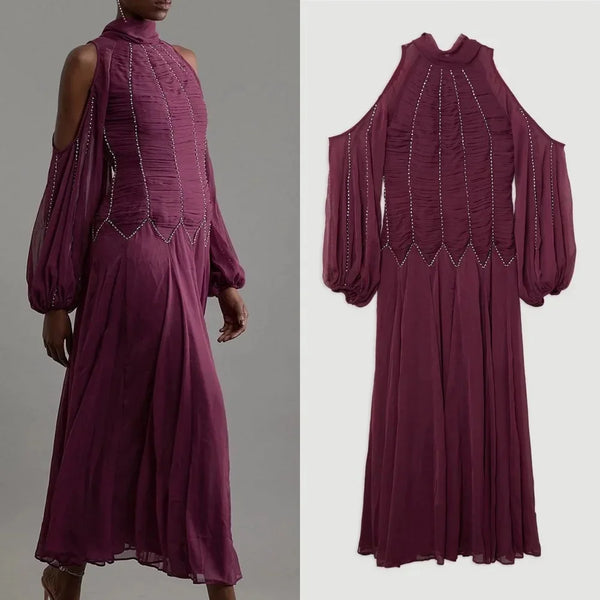 Customized Prom Dress Chiffon Pleat Draped Rhinestone A-line High Collar Midi Dresses Occasion Party Gown for Women