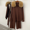 Reality Fur Jacket Pullover Set Woman Spring Knitted Suit Knitwear Female Real Fox Fur Collar Sweater Lady Autumn Knitted