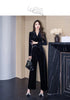 Temperamnet Velvet Jumpsuit For Women Elegant V-neck Long Sleeve Slim Wide-Leg Pants with Brooch