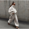 Women Solid Zip Up Two Piece Set High Neck Loose Jacket Wide Leg Track Pants Spring Autumn Casaual Hip Hop Outfit