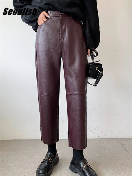 Autumn Winter PU Faux Leather Women's Wide Leg Pants High Waist Female Casual Loose Ankle Length Trousers