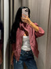Dusty Pink Long Sleeve Faux Suede Jackets Women Oversized Stand Collar Zip Up Casual Coat Autumn Commute Outfit