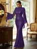 Elegant Apricot Sequin Muslim Party Dress Women Split Sleeve High Neck Bodycon Dubai Evening Dresses Prom Gown