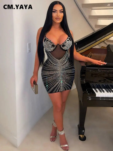 Women Rhinestones Drilling Mesh See Though Patchwork Midi Mini Dress Crystal Party Dresses Night Out Robes Vestidos