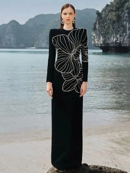 High Street Designer Party Vestido Women's Long Sleeve Diamonds Beaded Crystal Long Maxi Dress