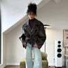 Retro Solid Lace Up Leather Short Jackets Women Chic Lapel V-neck Waist Cinching Cropped Jackets Lady Daily High Street Outwear