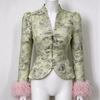Light Green Landscape Print Jackets Women Chic Stand Collar Furry Cuff Single Breasted Slim Cropped Coat Lady Autumn Daily Wear