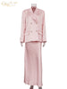 Loose Pink Satin Women's Two Pieces Set Elegant Long Sleeve Blazer With High Waist Maxi Skirt Set Female