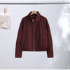 Solid Faux Suede Jackets Women's Stand Collar Full Sleeves Zip Cropped Coat Autumn Winter Lady Casual Outerwear