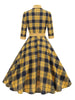 Mock Neck Bowknot Plaid 50s Vintage Dresses for Women 3/4 Length Sleeve Autumn Winter Elegant Pockets Midi Dresses