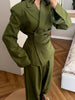 Women's Olive Green Two Piece Set Chic Padded Shoulder Cinched Waist Blazer High Waist Jogger Pants Streetwear Office Outfit