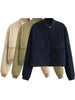 Women Solid Bomber Jackets Coat With Pockets V-Neck Single Breasted Long Sleeves Female Chic Lady Outfits