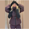 Women Peplum Ski Jackets Hooded Stand Collar Belt Waist Zipper Solid Puffer Jacket Sheath Warm Sport Winter Skiwear