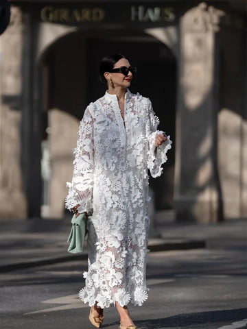 White 3D Floral Lace Maxi Dress Stand Collar Half Zip Long Flare Sleeve Sheer Mesh Dress Women Hollow Out Cover Up Casual Dress