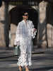 White 3D Floral Lace Maxi Dress Stand Collar Half Zip Long Flare Sleeve Sheer Mesh Dress Women Hollow Out Cover Up Casual Dress