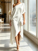 Classy White Dress for Women One-Shoulder Asymmetric Midi Length Loose and Comfortable Ideal for Brunch Church Evening