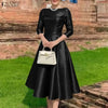 Elegant Satin Black Party Midi Dresses Women's Boatneck 3/4 Sleeve Fit and Flare A-Line Dress Wedding Guest Woman Clothes