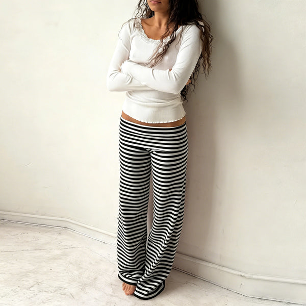 Preppy Girl Coquette Low Waist Loose Fit Trousers Women Striped Folds Over Wide Leg Pants Female Lounge Yoga Home Sweatpants