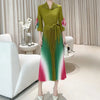 Gradient Color print Pleated women's Dress tie flowe Flared Sleeve elastic lace up design Long Dresses 2DB6658