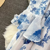 Court Style Long Dresses for Women Floral Print Flare Sleeve Stand Collar Female Elegant Vestidos Chiffon Maxi Dress