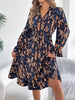 Elegant Floral Print Dresses for Women Autumn Winter Casual V Neck Flare Long Sleeve Ruffled A Line Dress