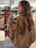 Brown Stand Collar Short Jacket Classic Plaid Contrast Cuff Oversized Casual Coat Autumn Lady Daily Street Outerwear