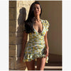 Sexy Floral Printed Mini Dress Women V-neck Flared Sleeve Waist Cinching Ruffle Bodycon Vestido Lady Party Vacation Gowns
