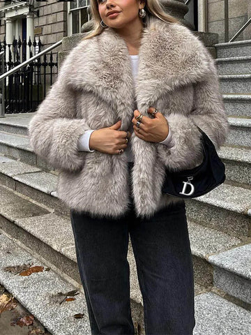 Women Cropped Faux Fur Jacket Coat Long Sleeve Front Snap-button Female Outerwear Chic Lapel Collar Thick Coat