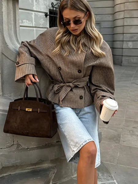 Chic Plaid Loose Women's Trench Coat Vintage Turndown Collar Double Breasted Lace-up Lady Jacket Autumn Female Outwear